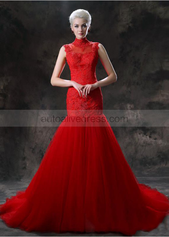 Red Lace Tulle High Neck Mermaid Long Wedding Dress